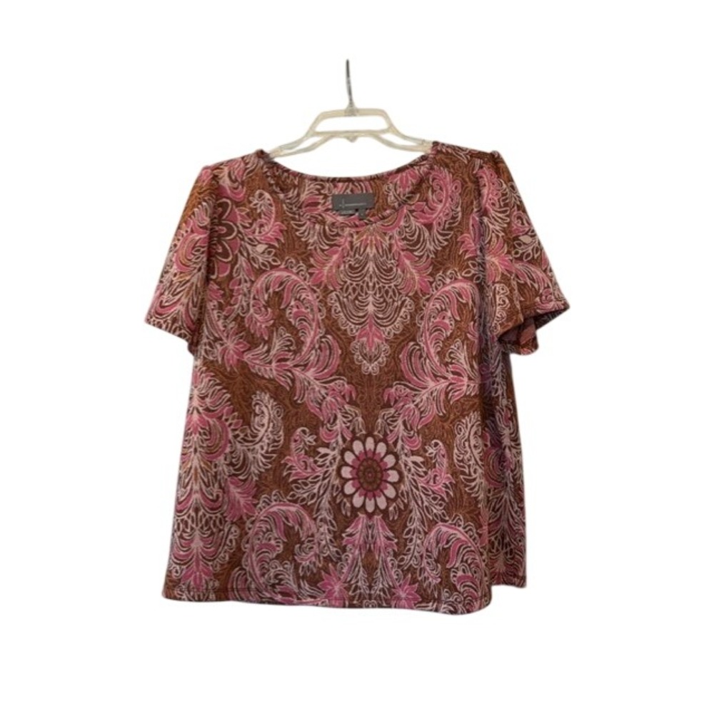 Anthropologie Demeter Top XL Metallic Paisley Floral Pink Brown Boho Puff Sleeve